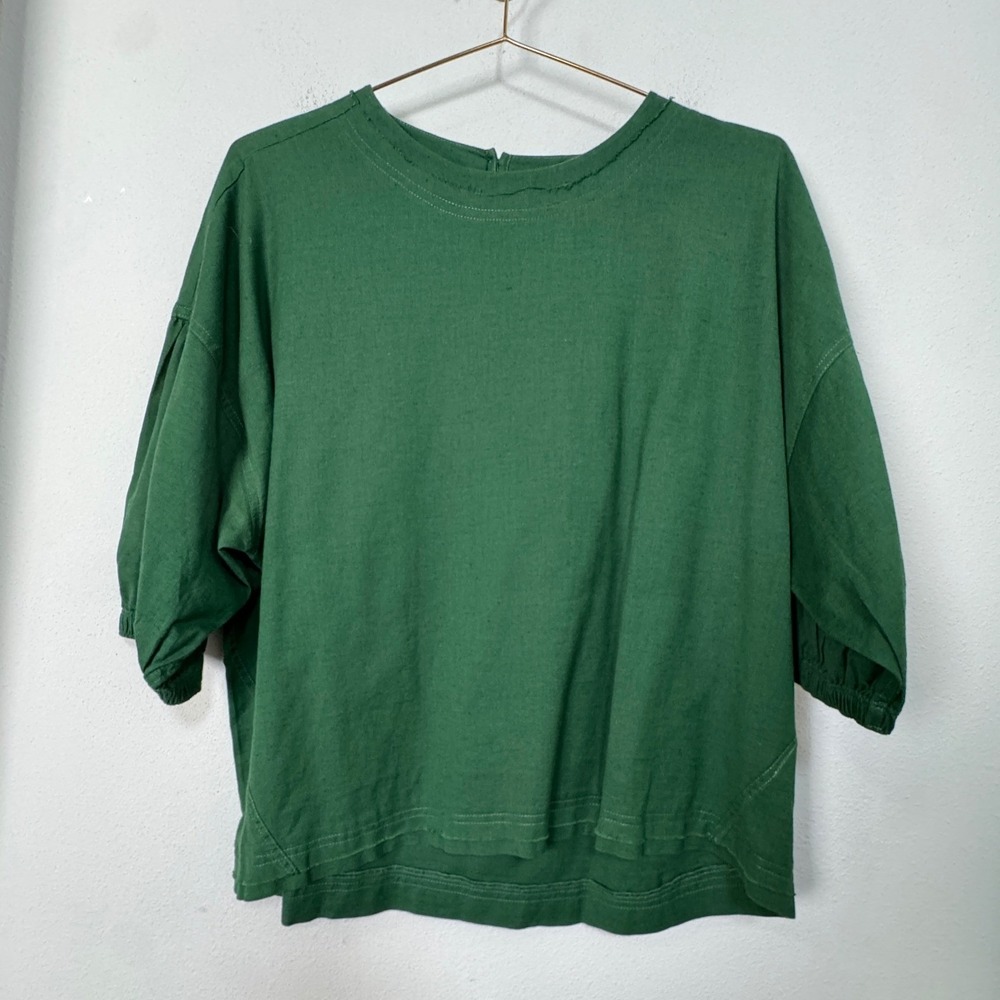 Apiece Apart Green Organic Cotton Linen Puff Sleeve Boxy Top Medium
